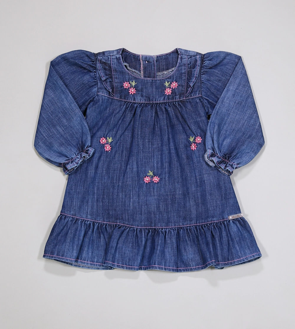 Vestido Jeans Manga Longa Floral - 10600