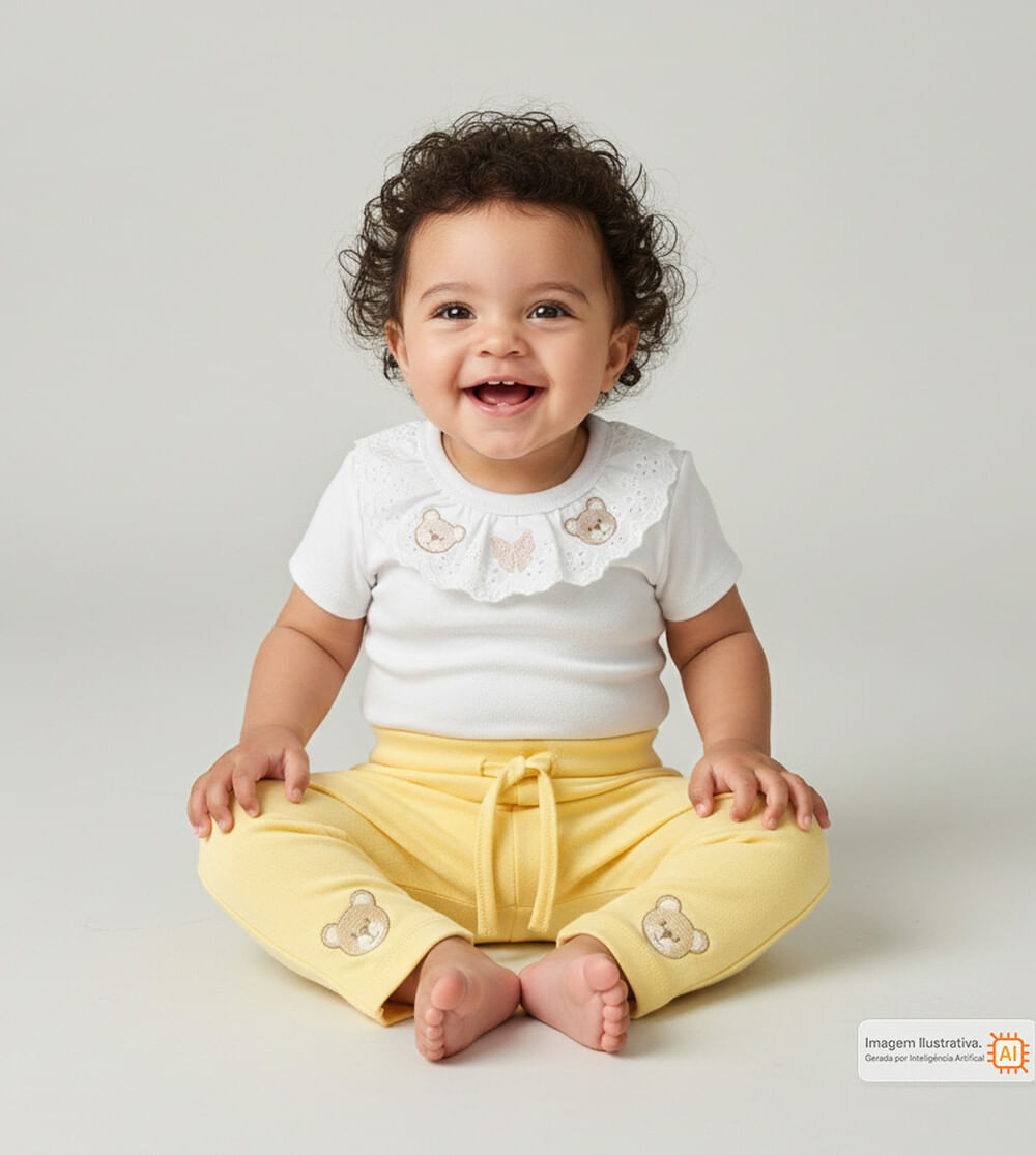 Conjunto Body Ursinhos e Renda Amarelo