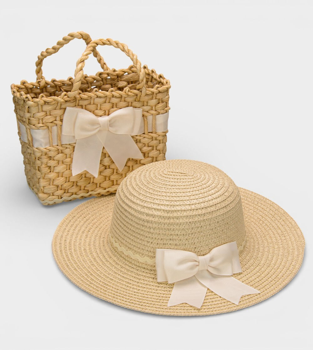 Bolsa de Palha com Chapéu Laço Off White