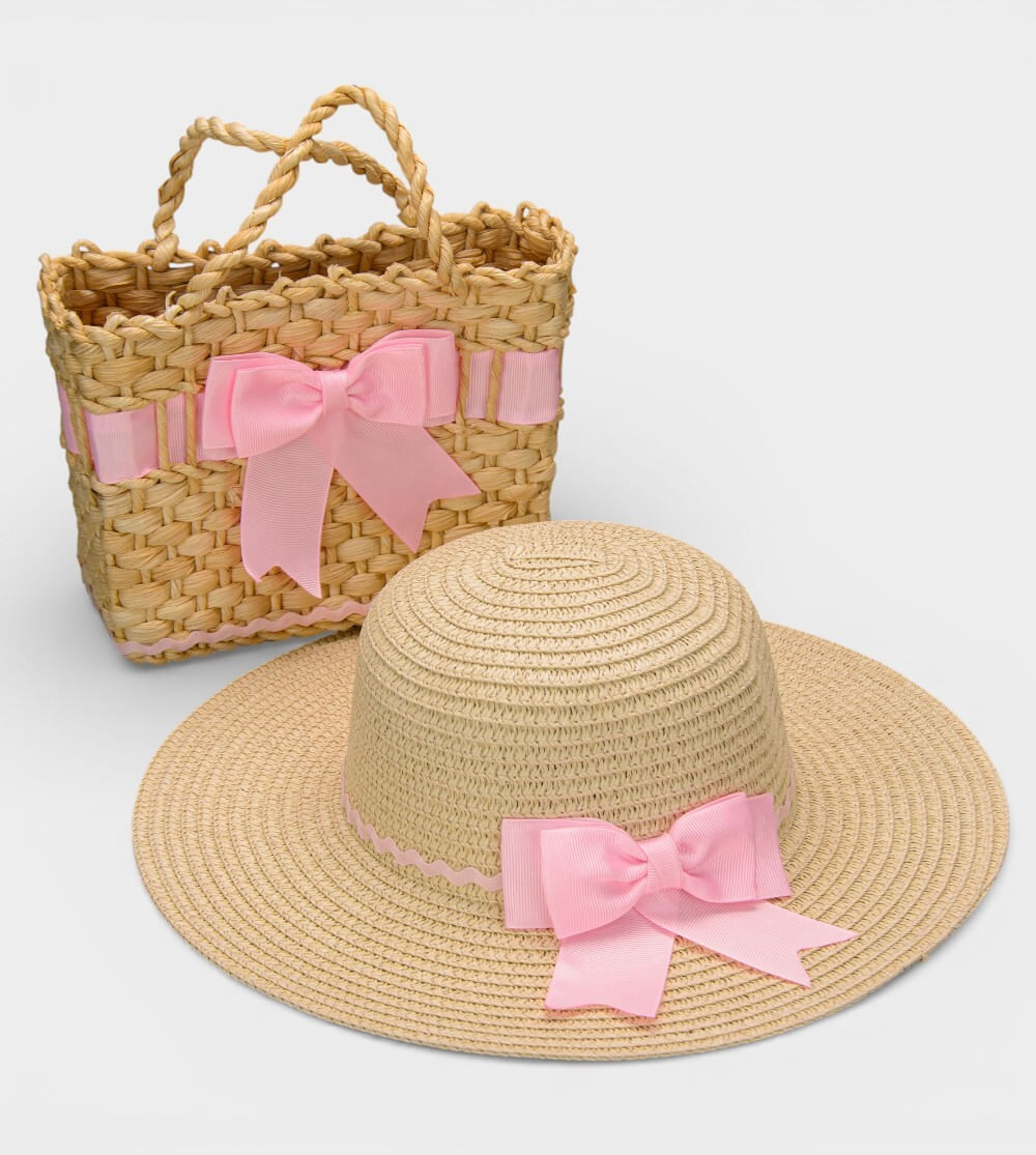 Bolsa de Palha com Chapéu Laço Rosa
