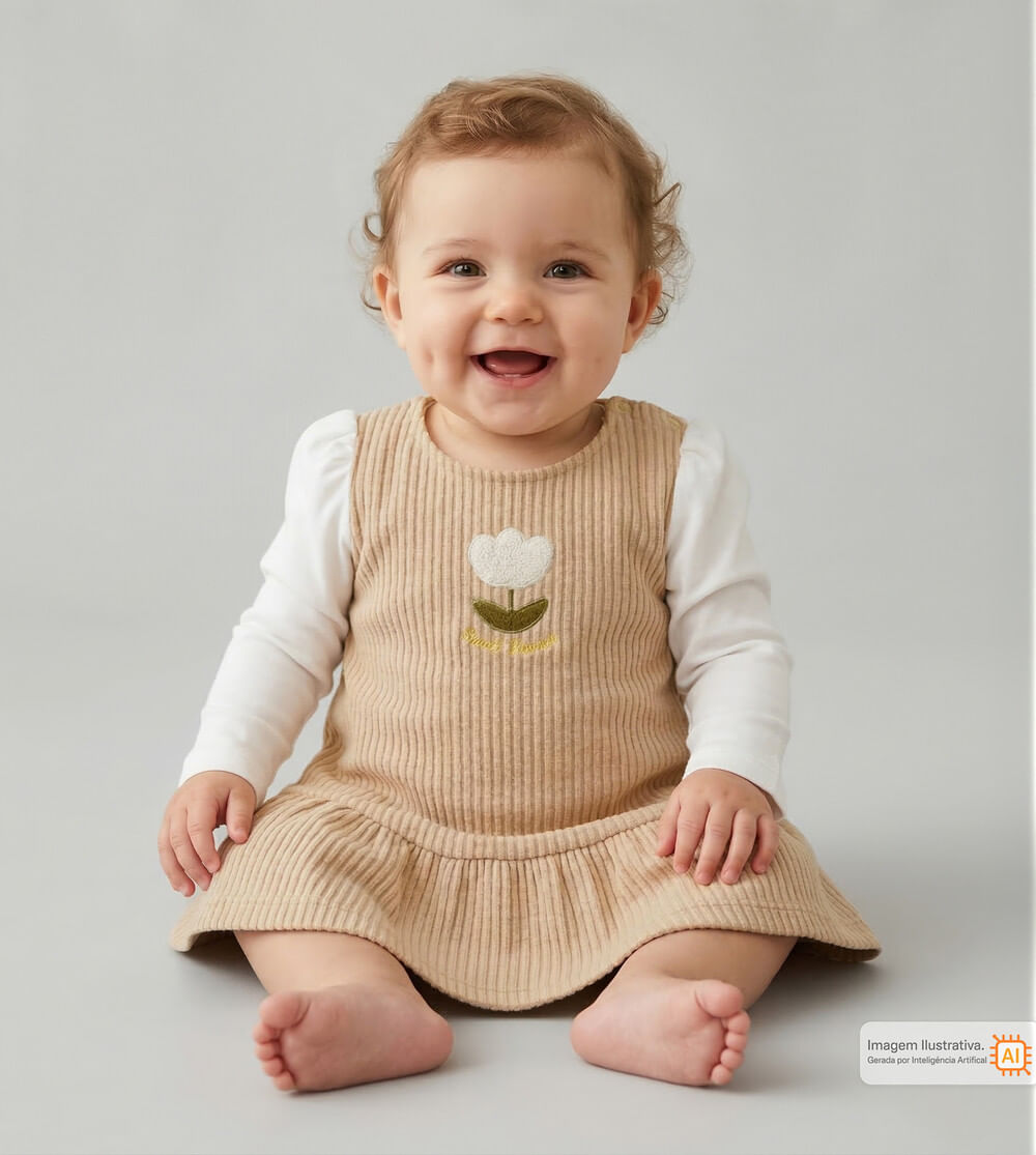Vestido Manga Longa Sweet Flower Bege