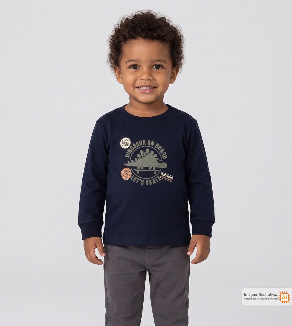Camiseta Manga Longa Dinossauro a Bordo Marinho